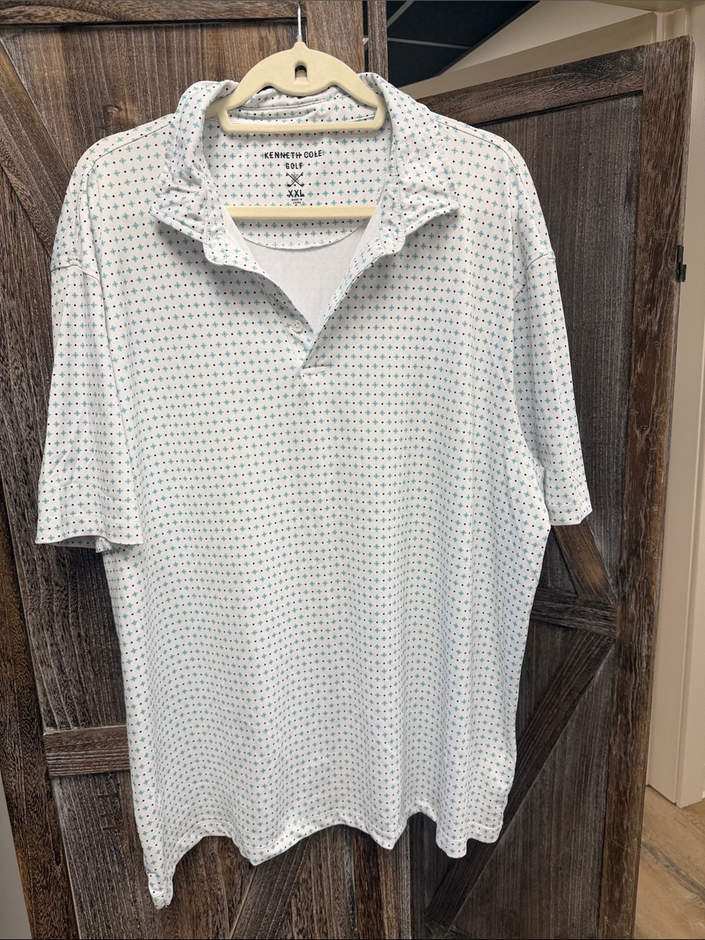Kenneth Cole White Polo with Teal and navy pattern